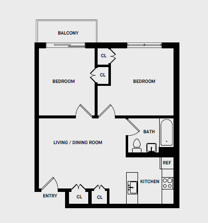 Floor plan for 2 beds, 1 bath, 600 sqft